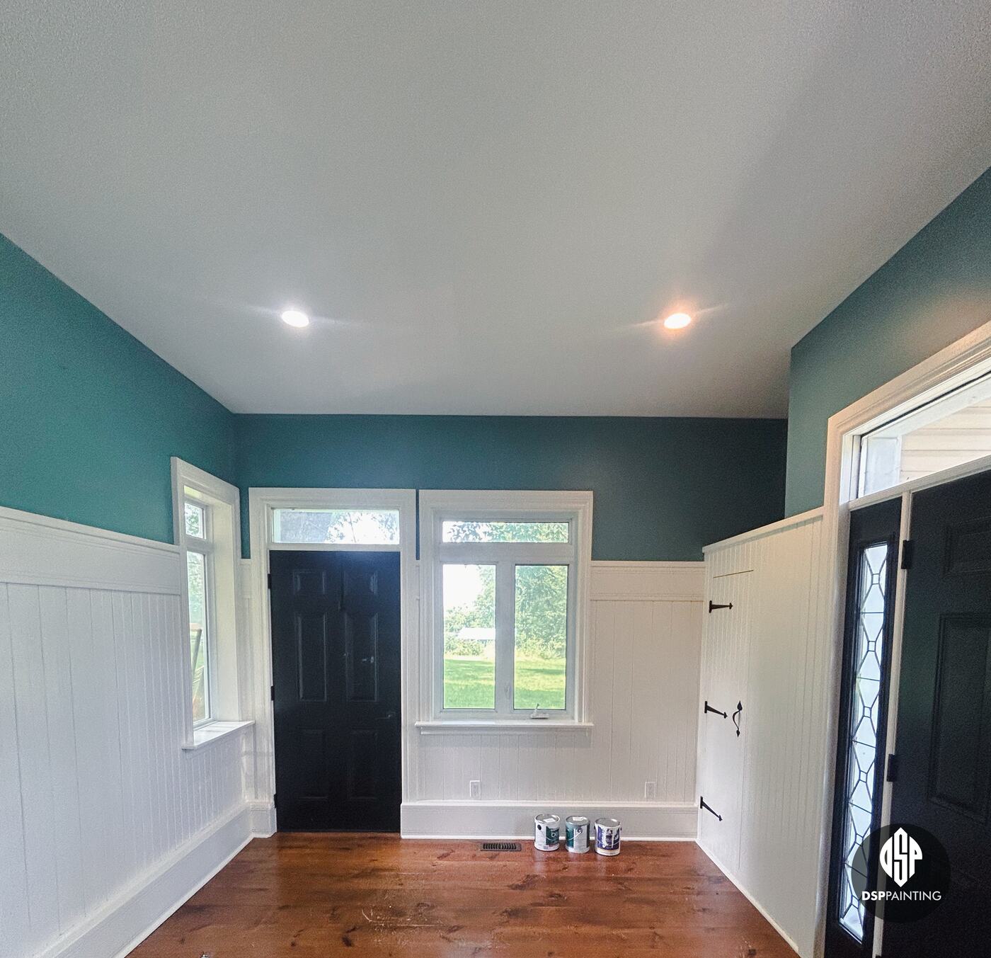 Teal walls and white wainscoting around the windows, the black side door and a board-and-batten cupboard door
