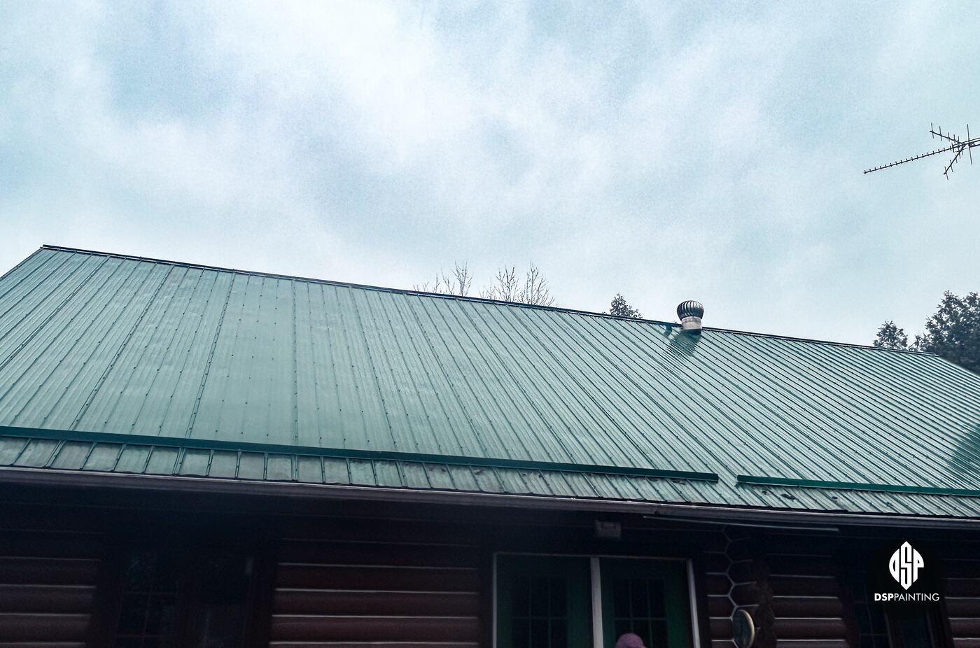The long metal roof of the house before painting, a faded green above the log walls
