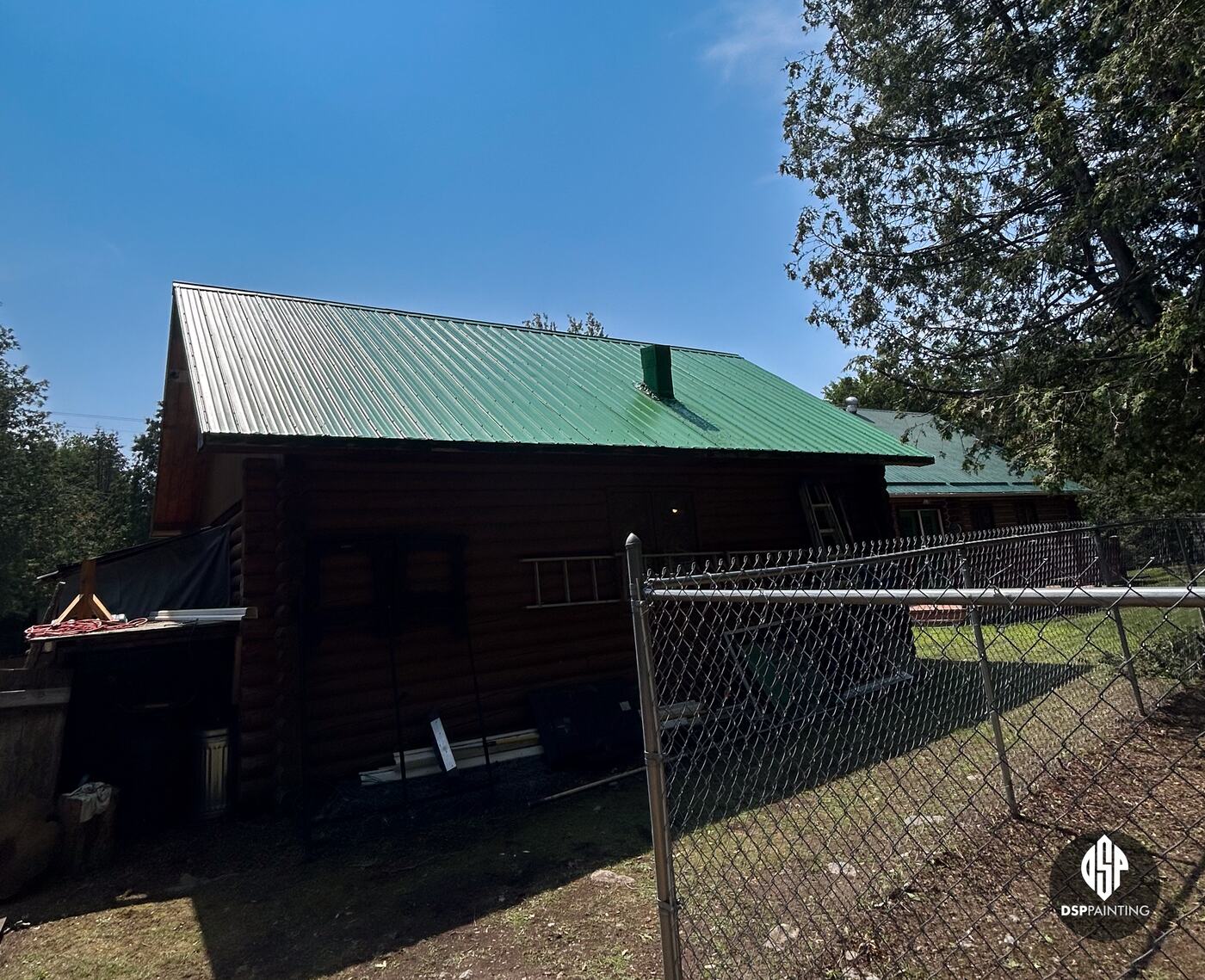 The side of a log building with a ladder against the wall and its metal roof painted green