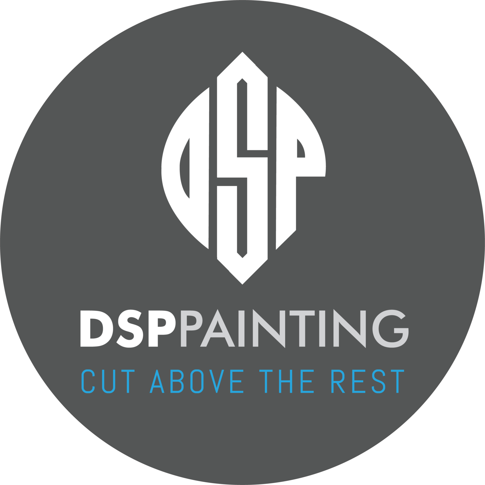 DSP Painting roundel: a DSP monogram in a grey circle above the words DSP Painting and the line Cut Above The Rest.